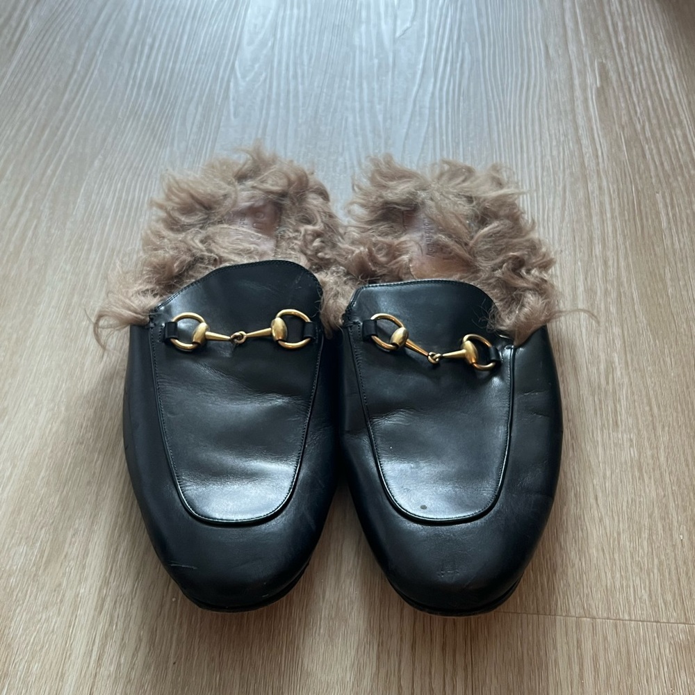 Gucci Princetown Genuine Shearling Loafer Mule, Black Leather Loafers Fur Lining